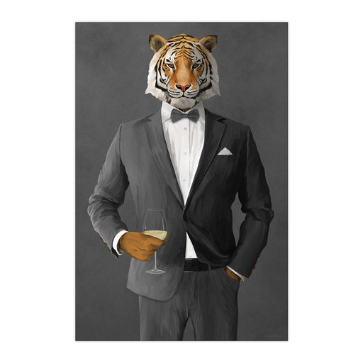Tiger Drinking White Wine Wall Art - Gray Suit