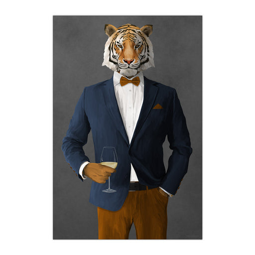 Tiger Drinking White Wine Wall Art - Navy and Orange Suit