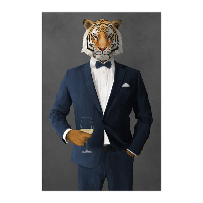 Tiger Drinking White Wine Wall Art - Navy Suit