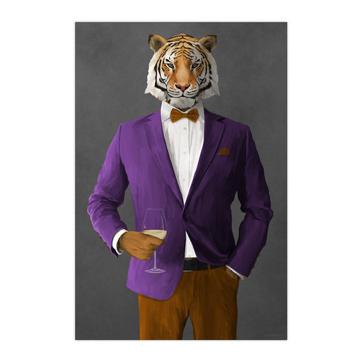 Tiger Drinking White Wine Wall Art - Purple and Orange Suit