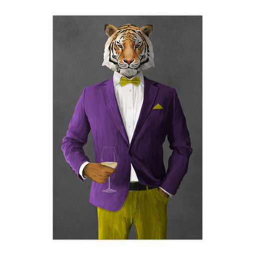 Tiger Drinking White Wine Wall Art - Purple and Yellow Suit