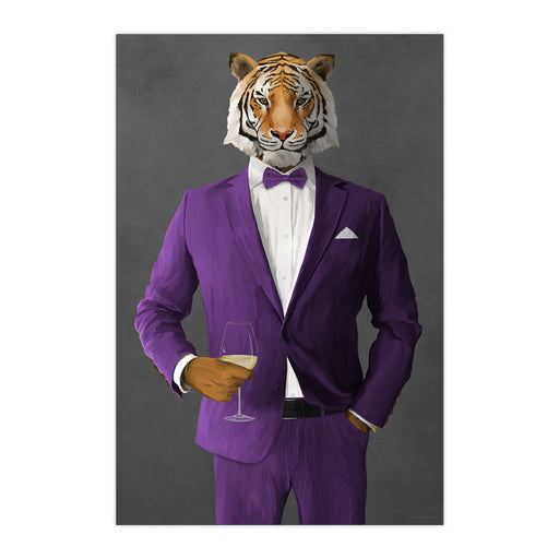 Tiger Drinking White Wine Wall Art - Purple Suit