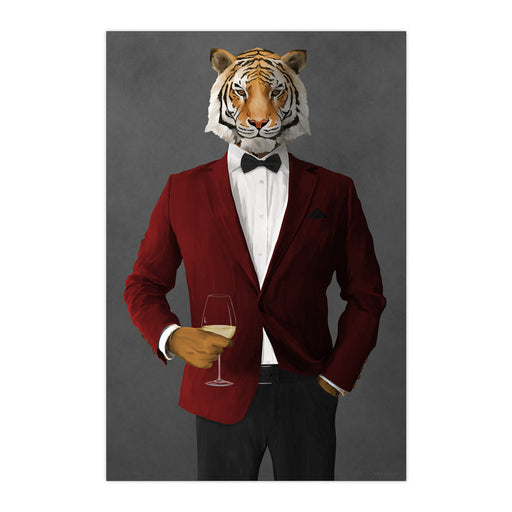 Tiger Drinking White Wine Wall Art - Red and Black Suit