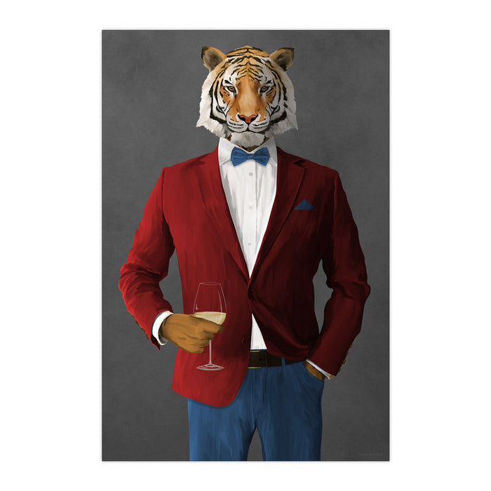 Tiger Drinking White Wine Wall Art - Red and Blue Suit