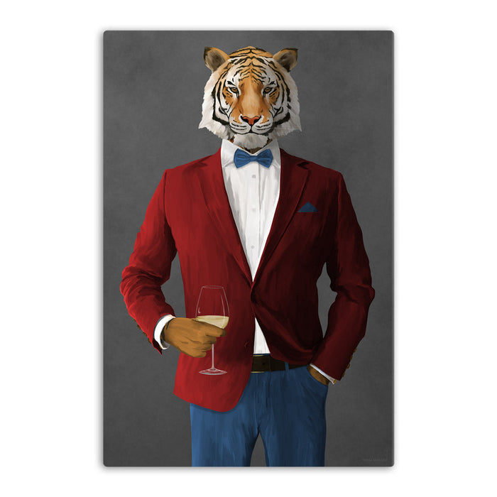 Tiger Drinking White Wine Wall Art - Red and Blue Suit