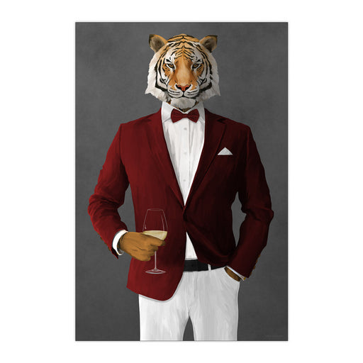 Tiger Drinking White Wine Wall Art - Red and White Suit
