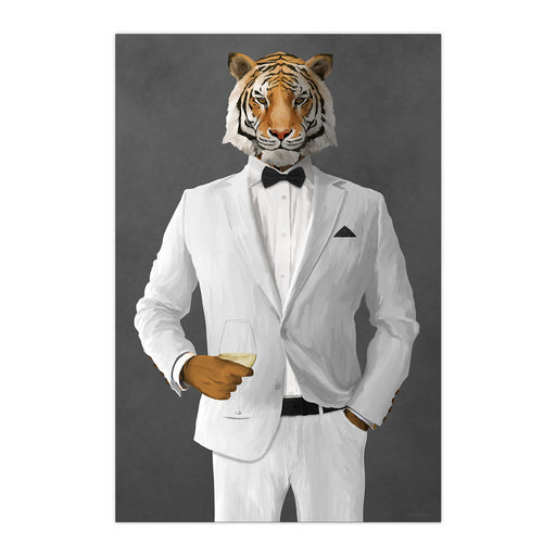 Tiger Drinking White Wine Wall Art - White Suit