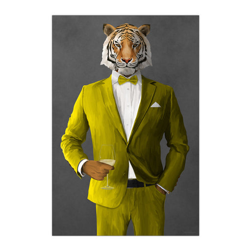 Tiger Drinking White Wine Wall Art - Yellow Suit