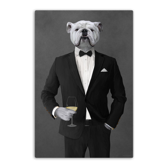 White Bulldog Drinking White Wine Wall Art - Black Suit