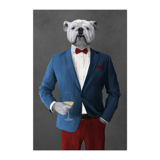 White Bulldog Drinking White Wine Wall Art - Blue and Red Suit