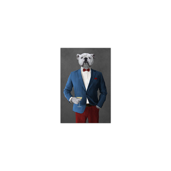 White Bulldog Drinking White Wine Wall Art - Blue and Red Suit