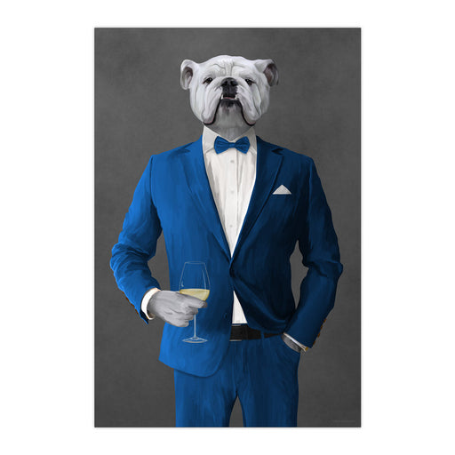 White Bulldog Drinking White Wine Wall Art - Blue Suit