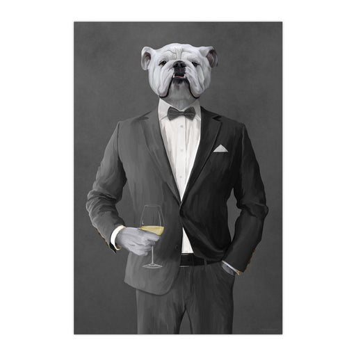 White Bulldog Drinking White Wine Wall Art - Gray Suit