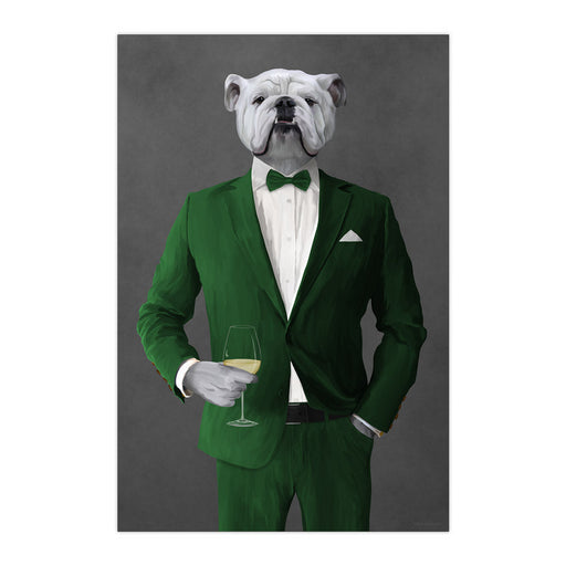White Bulldog Drinking White Wine Wall Art - Green Suit