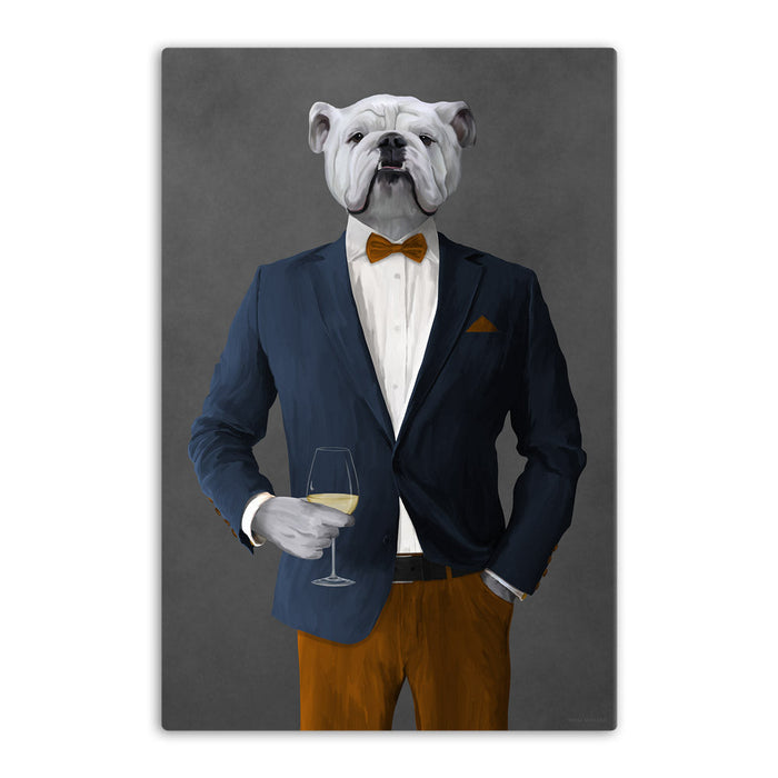 White Bulldog Drinking White Wine Wall Art - Navy and Orange Suit