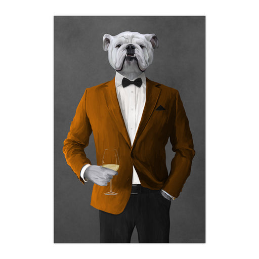 White Bulldog Drinking White Wine Wall Art - Orange and Black Suit