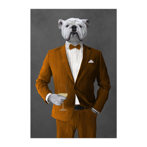 White Bulldog Drinking White Wine Wall Art - Orange Suit
