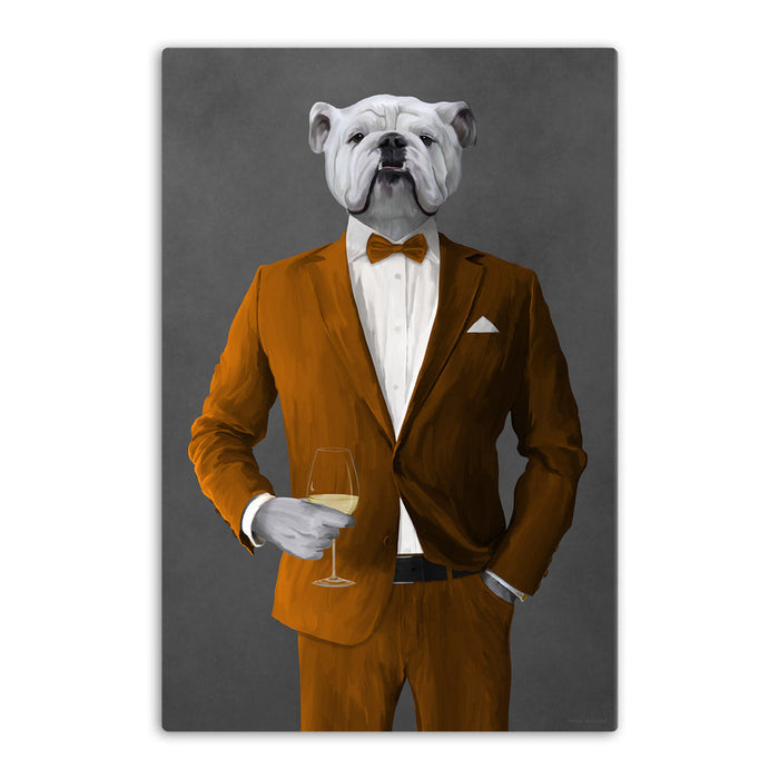 White Bulldog Drinking White Wine Wall Art - Orange Suit