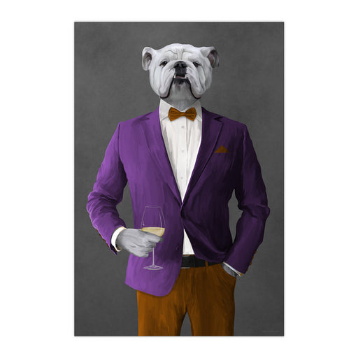 White Bulldog Drinking White Wine Wall Art - Purple and Orange Suit