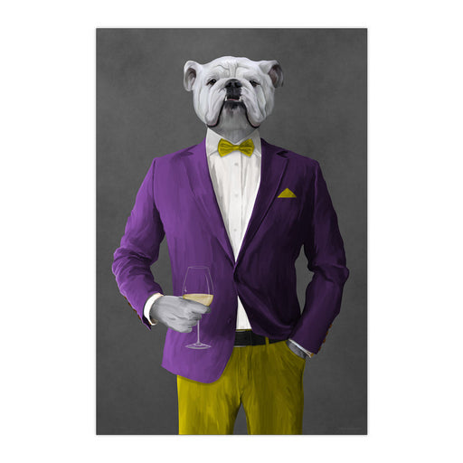 White Bulldog Drinking White Wine Wall Art - Purple and Yellow Suit