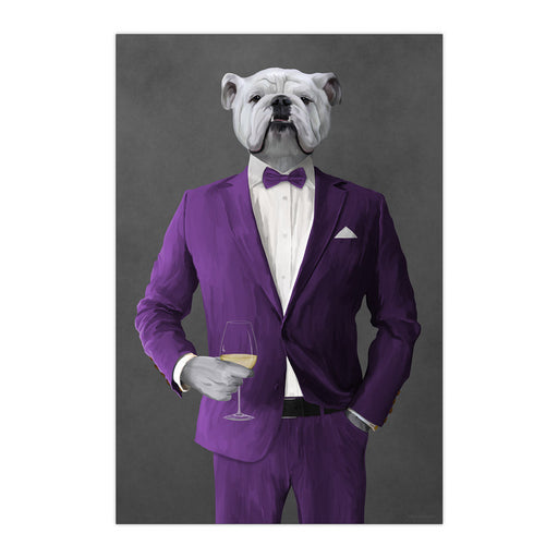 White Bulldog Drinking White Wine Wall Art - Purple Suit