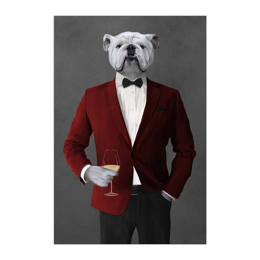 White Bulldog Drinking White Wine Wall Art - Red and Black Suit