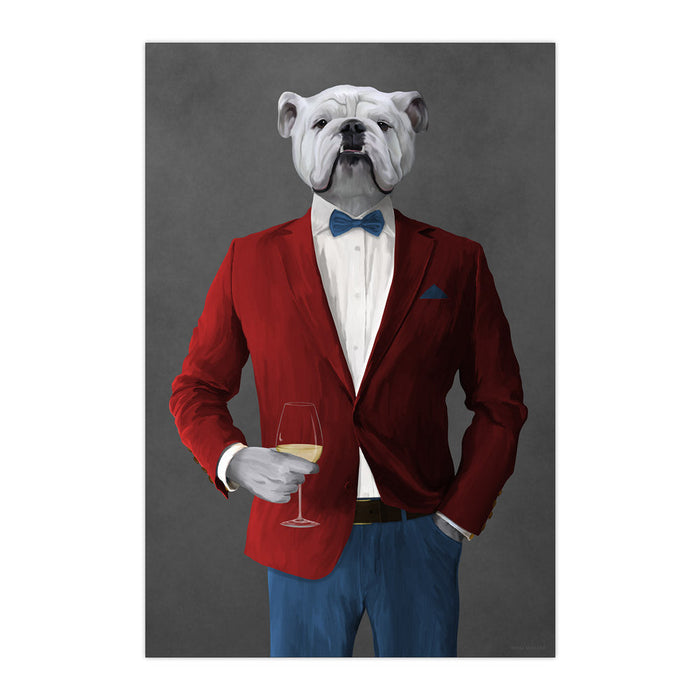 White Bulldog Drinking White Wine Wall Art - Red and Blue Suit