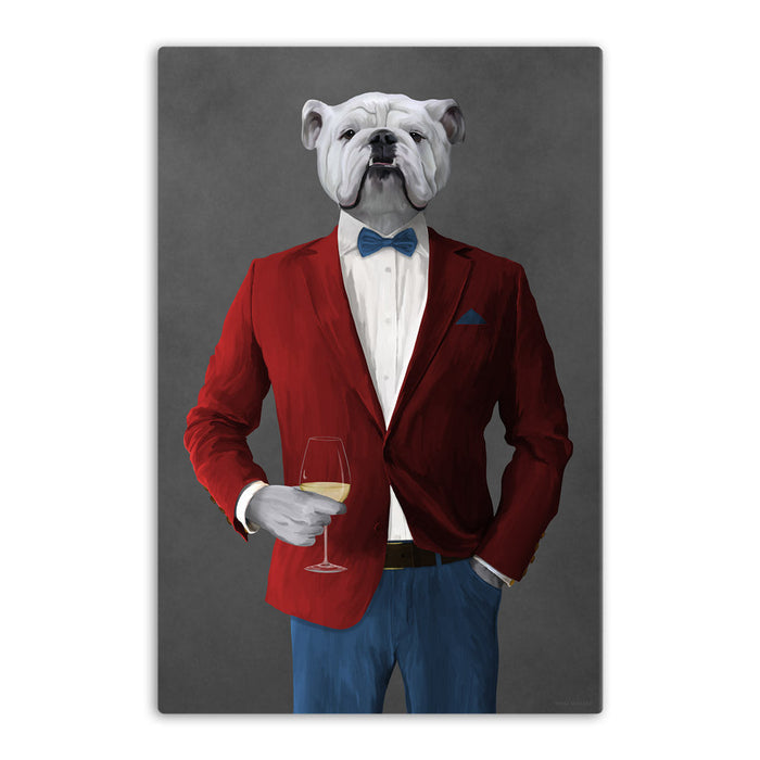 White Bulldog Drinking White Wine Wall Art - Red and Blue Suit