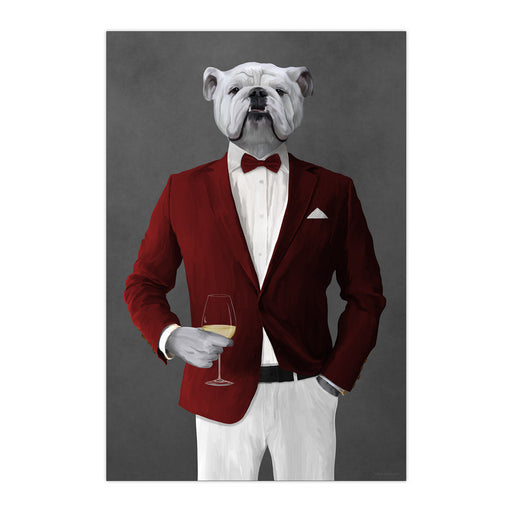 White Bulldog Drinking White Wine Wall Art - Red and White Suit
