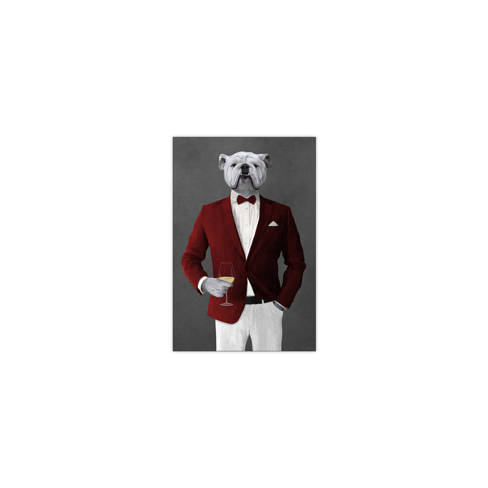 White Bulldog Drinking White Wine Wall Art - Red and White Suit