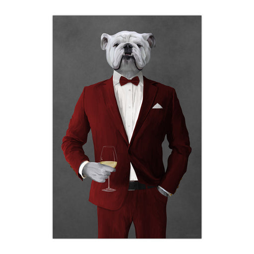 White Bulldog Drinking White Wine Wall Art - Red Suit