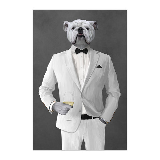 White Bulldog Drinking White Wine Wall Art - White Suit