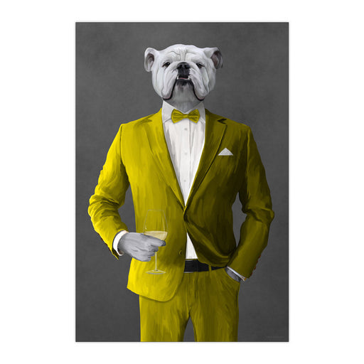 White Bulldog Drinking White Wine Wall Art - Yellow Suit