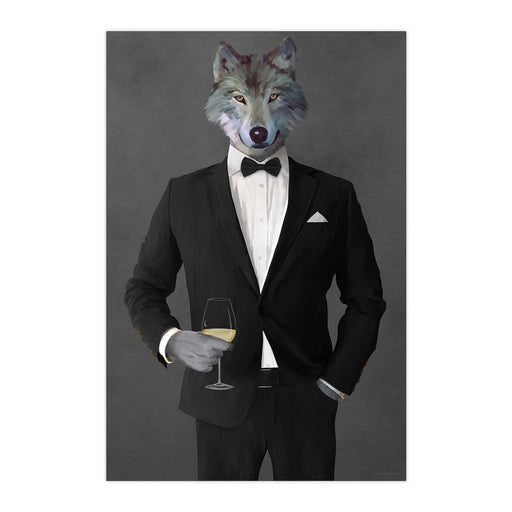 Wolf Drinking White Wine Wall Art - Black Suit