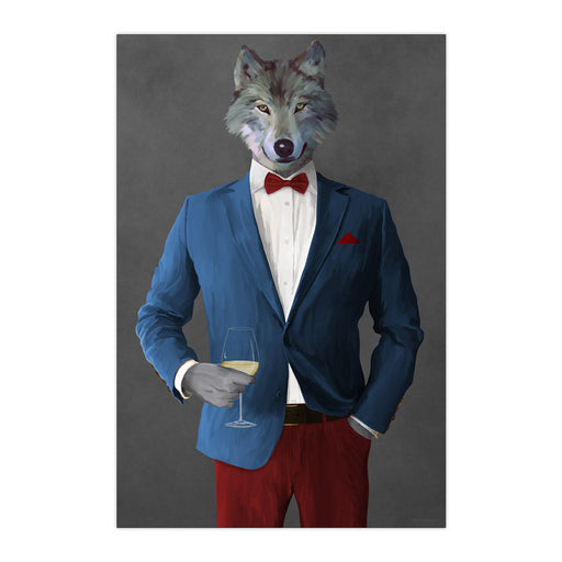 Wolf Drinking White Wine Wall Art - Blue and Red Suit