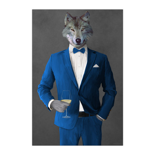 Wolf Drinking White Wine Wall Art - Blue Suit