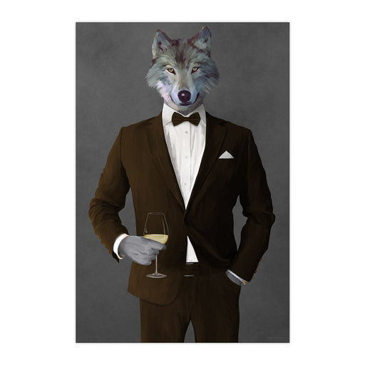 Wolf Drinking White Wine Wall Art - Brown Suit