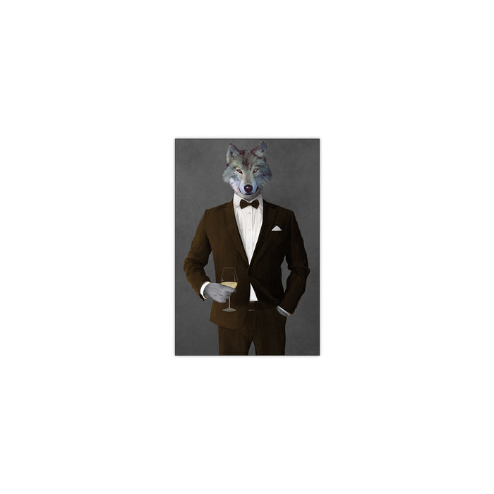 Wolf Drinking White Wine Wall Art - Brown Suit