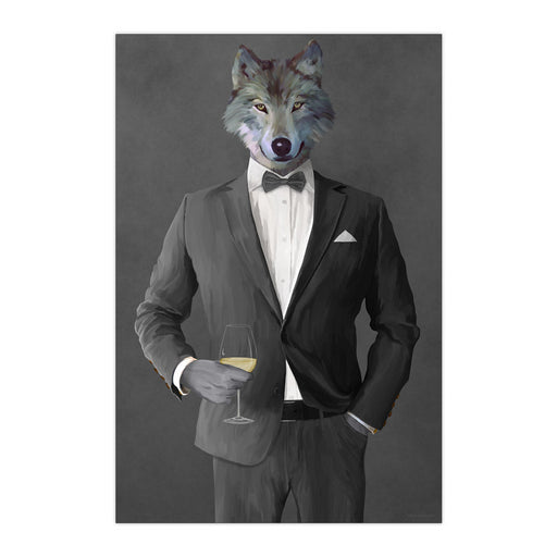 Wolf Drinking White Wine Wall Art - Gray Suit