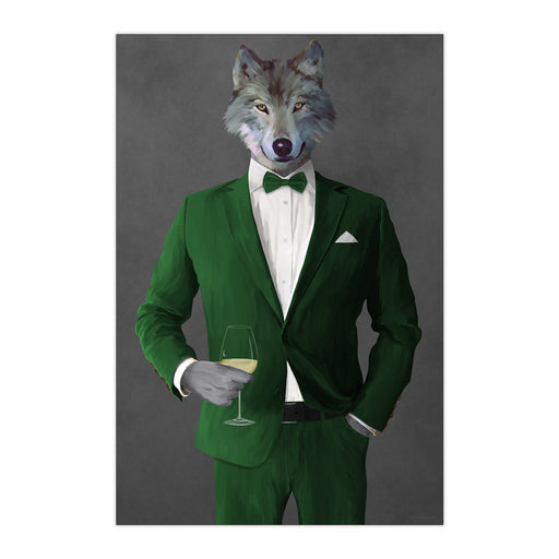 Wolf Drinking White Wine Wall Art - Green Suit