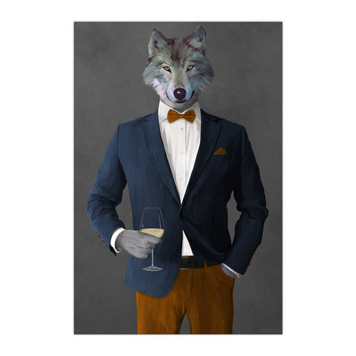 Wolf Drinking White Wine Wall Art - Navy and Orange Suit