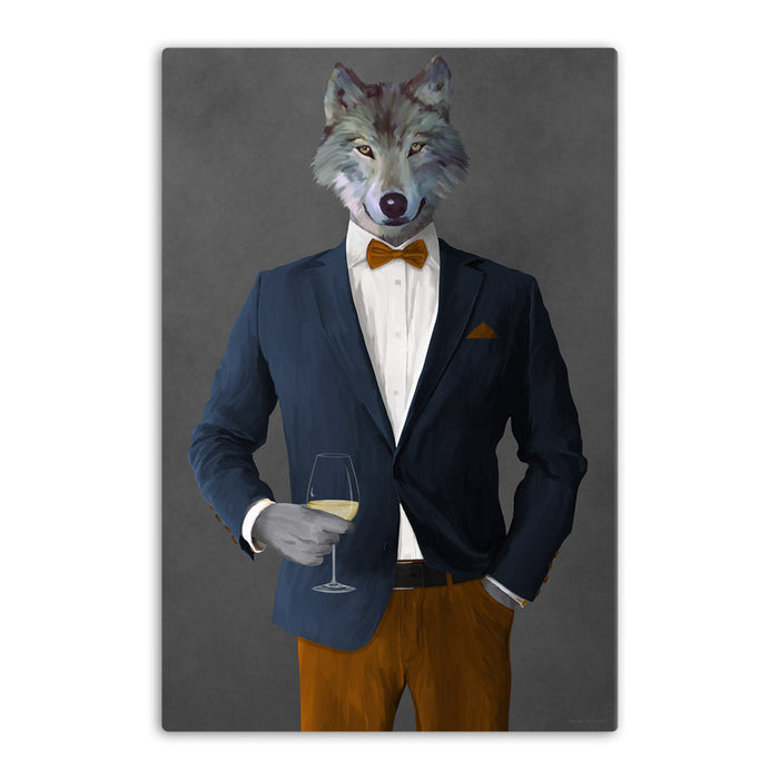 Wolf Drinking White Wine Wall Art - Navy and Orange Suit