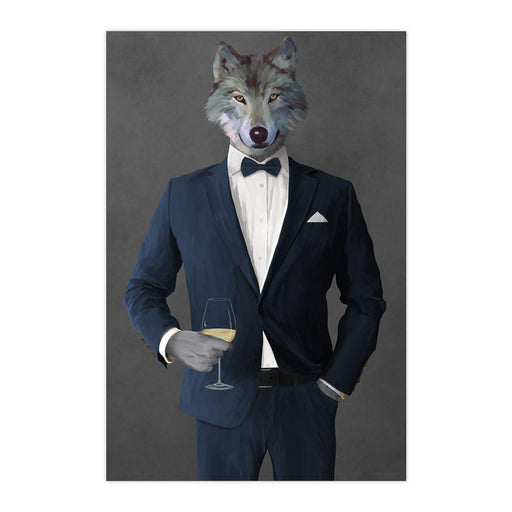 Wolf Drinking White Wine Wall Art - Navy Suit