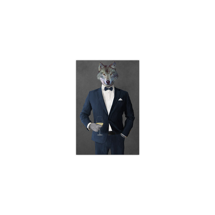 Wolf Drinking White Wine Wall Art - Navy Suit