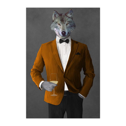 Wolf Drinking White Wine Wall Art - Orange and Black Suit