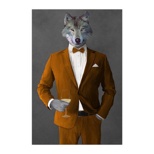 Wolf Drinking White Wine Wall Art - Orange Suit