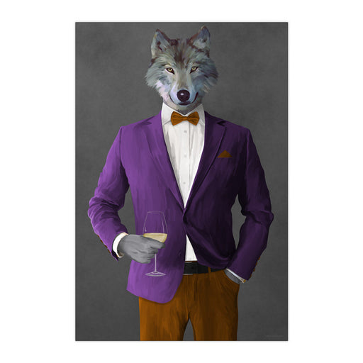 Wolf Drinking White Wine Wall Art - Purple and Orange Suit