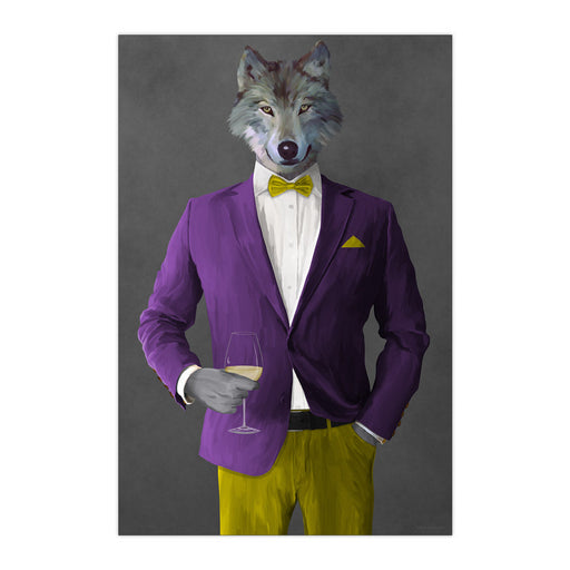 Wolf Drinking White Wine Wall Art - Purple and Yellow Suit