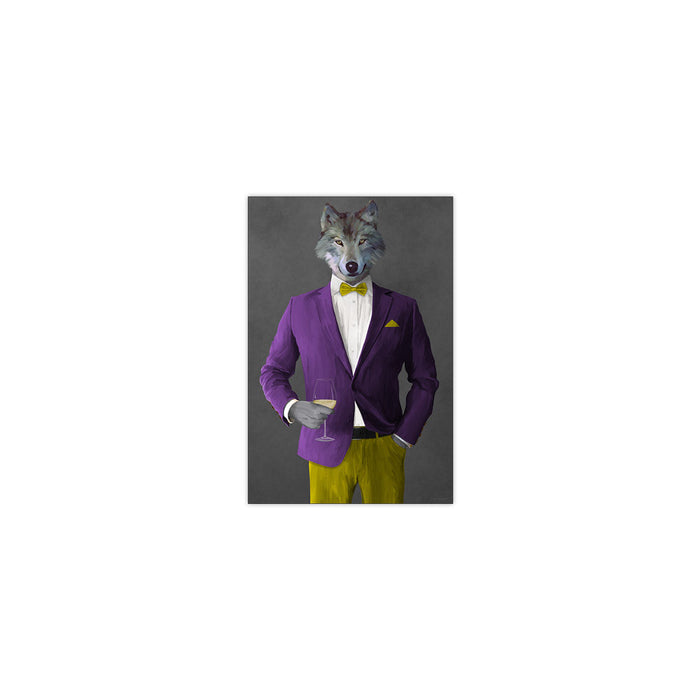 Wolf Drinking White Wine Wall Art - Purple and Yellow Suit