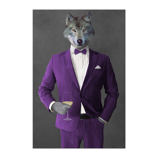 Wolf Drinking White Wine Wall Art - Purple Suit